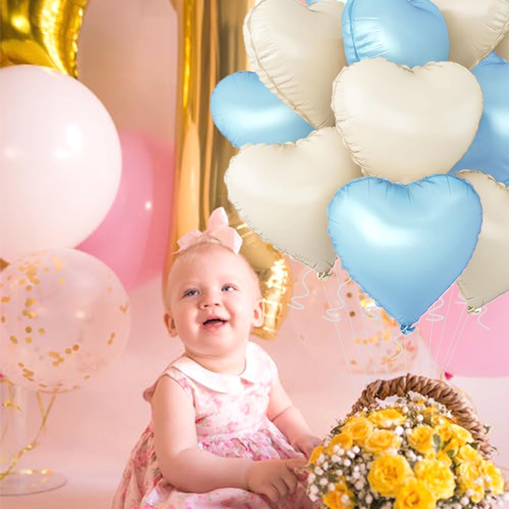 Baby White Heart Balloons，18 Inch Baby Blue Helium Foil Love Heart Shaped Balloons for Birthday