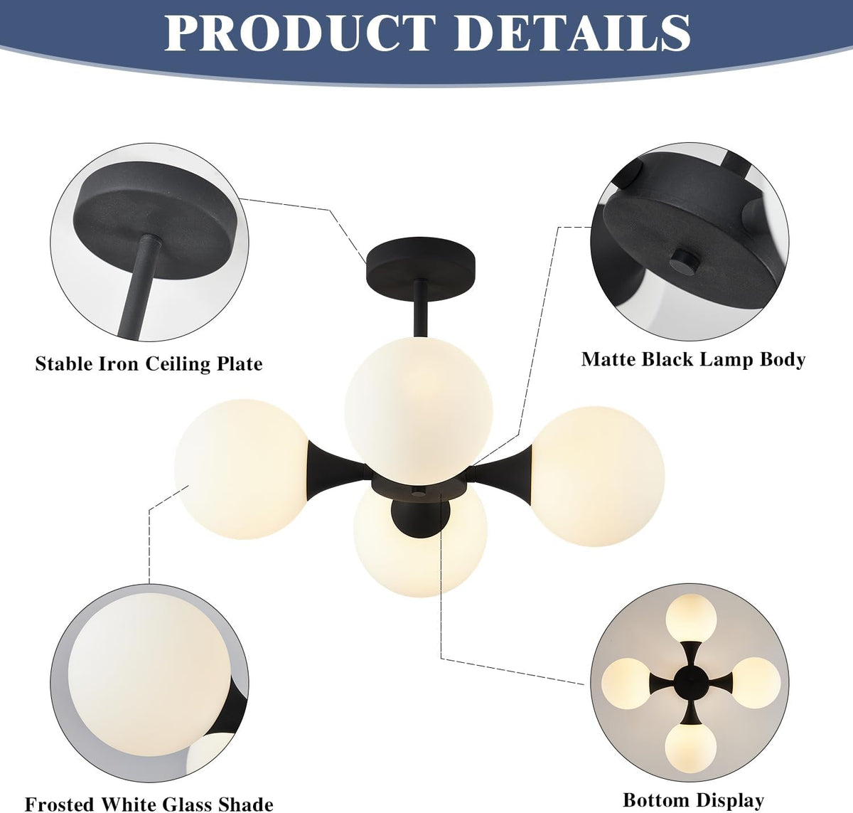 KCO Lighting Mid Century Modern Semi Flush Mount Ceiling Light Fixture Farmhouse Black Globe