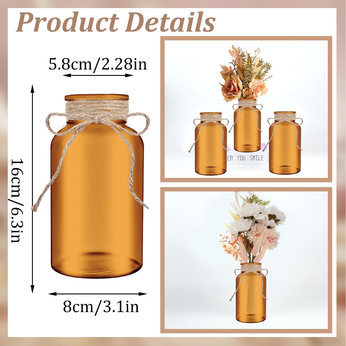 Vintage Glass Flower Vase，12 Pack Farmhouse Amber Gold Glass Centerpiece Vases Mason Jars for