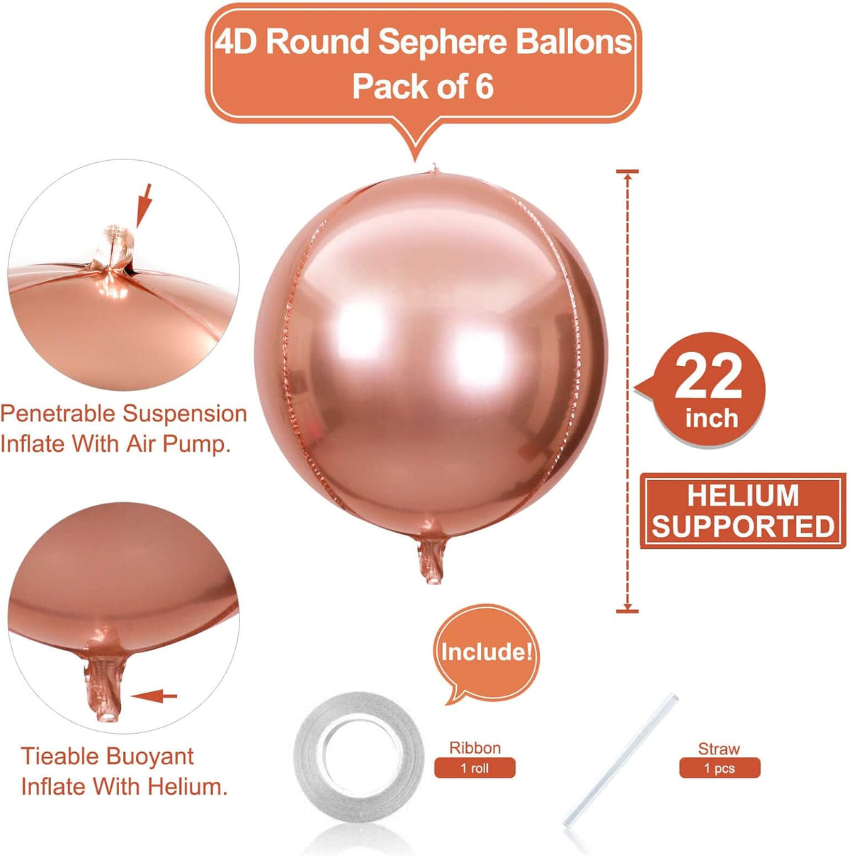 6 Pack Rose Gold 22 Inch 4D Foil Balloons Big 360 Degree Round Sephere Mylar Balloons Mirror Finish