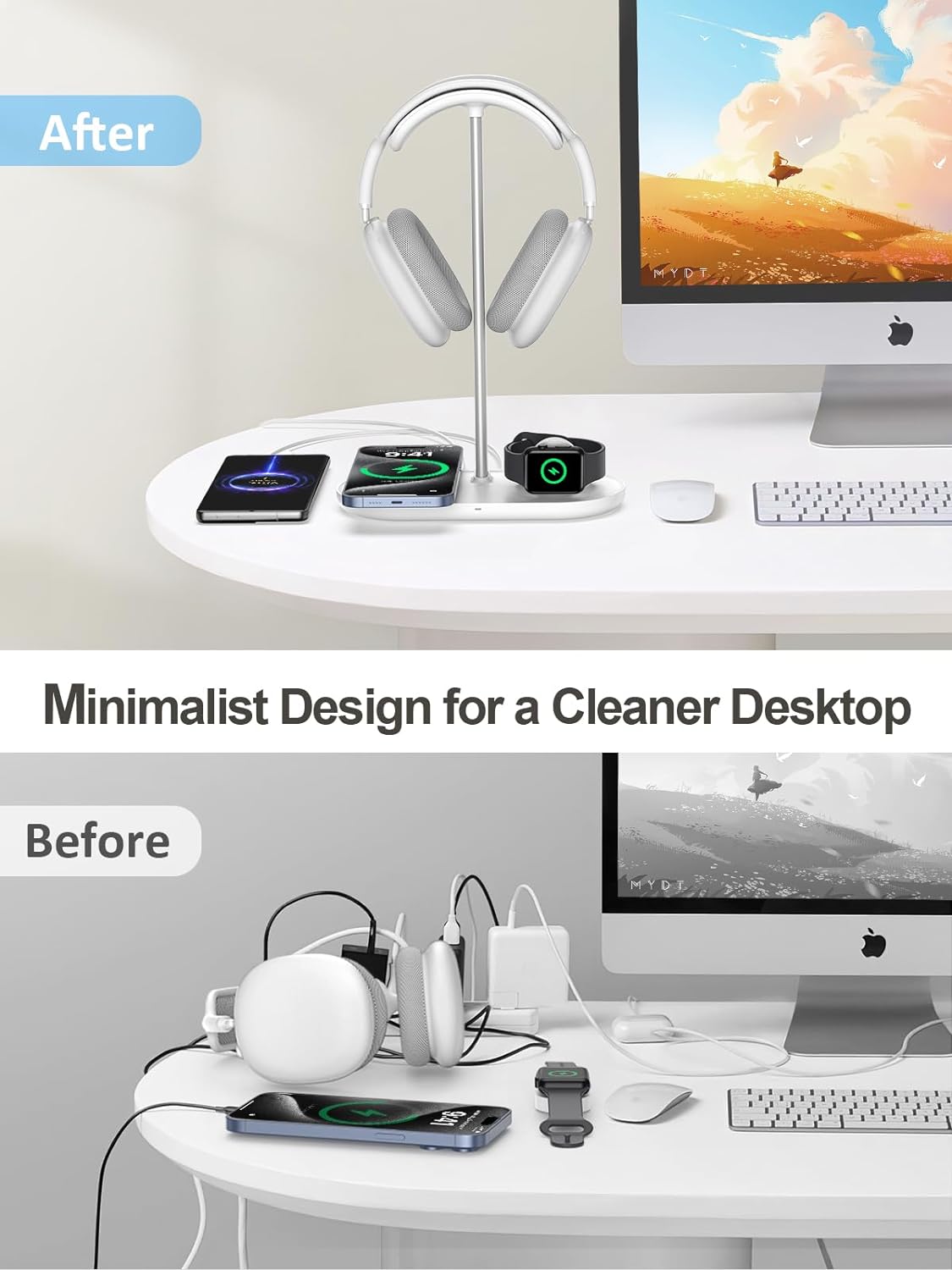 TopMade 5 in 1 Headphone Stand for Desk with Wireless Charger & USB Charging for