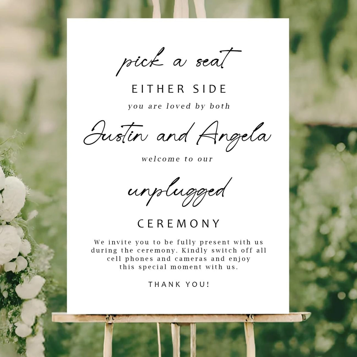 Minimalist Pick a Seat & Unplugged Wedding Sign – Custom Outdoor Yard Sign – Black and White Script