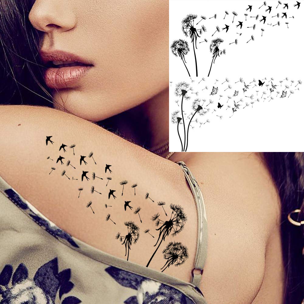 13 Sheets Beautiful Dandelion Temporary Tattoos For Women Realistic Flying Dandelion Birds