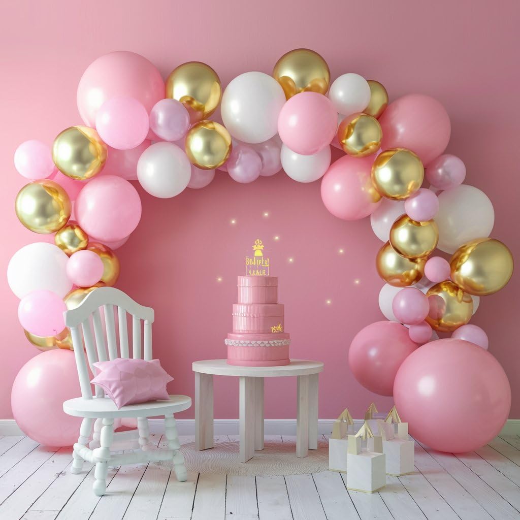 FunHot Pink and Gold Balloons, 60Pcs Retro Pink White Balloons, 12 Inch Metallic Gold Confetti