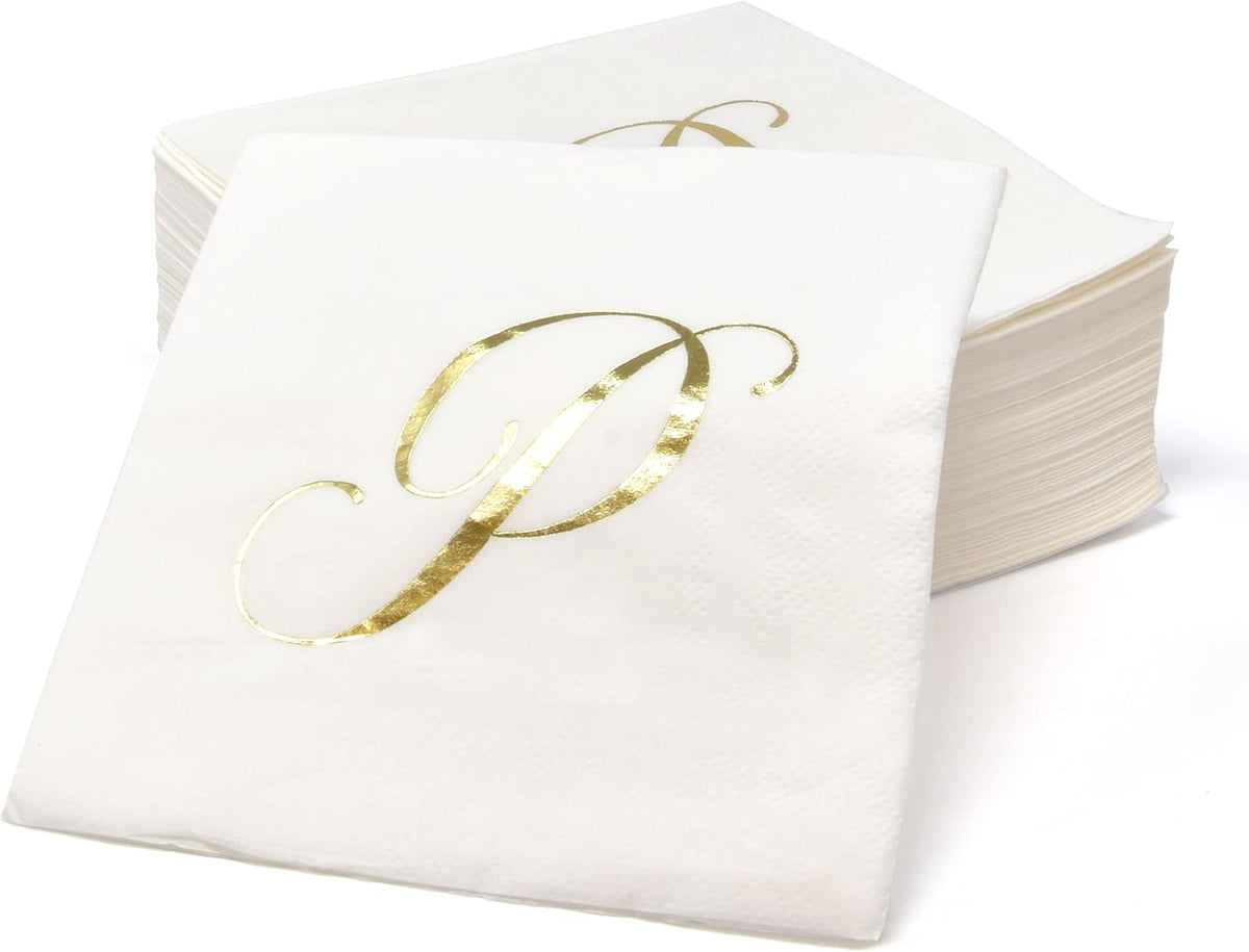 Gift Boutique - 100 Gold Monogram Cocktail Napkins Letter P Disposable Paper Pack Elegant Metallic