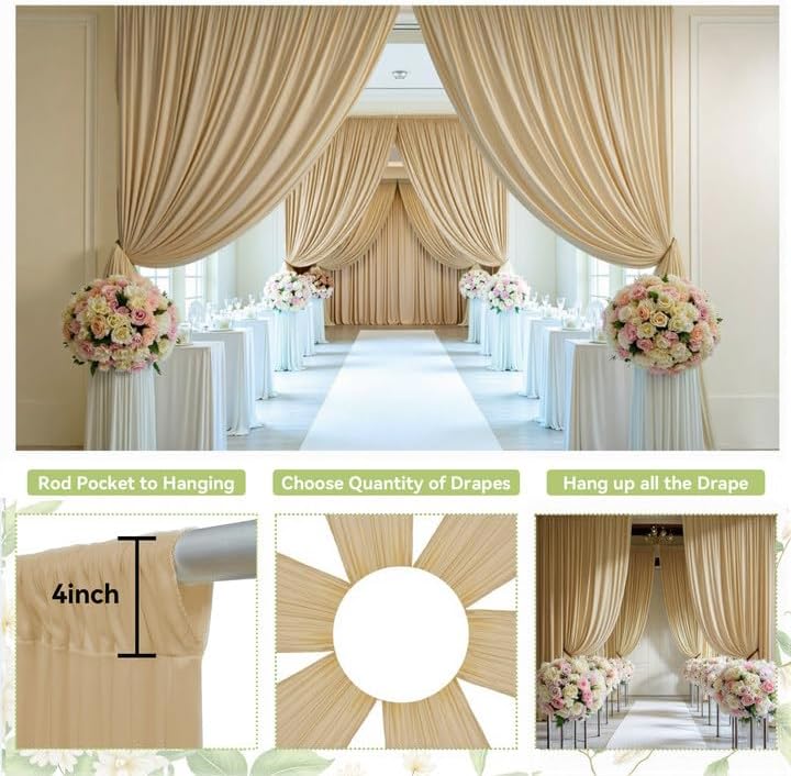 PartyVillage 20ft×15ft Beige Backdrop Curtain for Wedding Parties, 4 Panels Wrinkle Free 15 FT Long