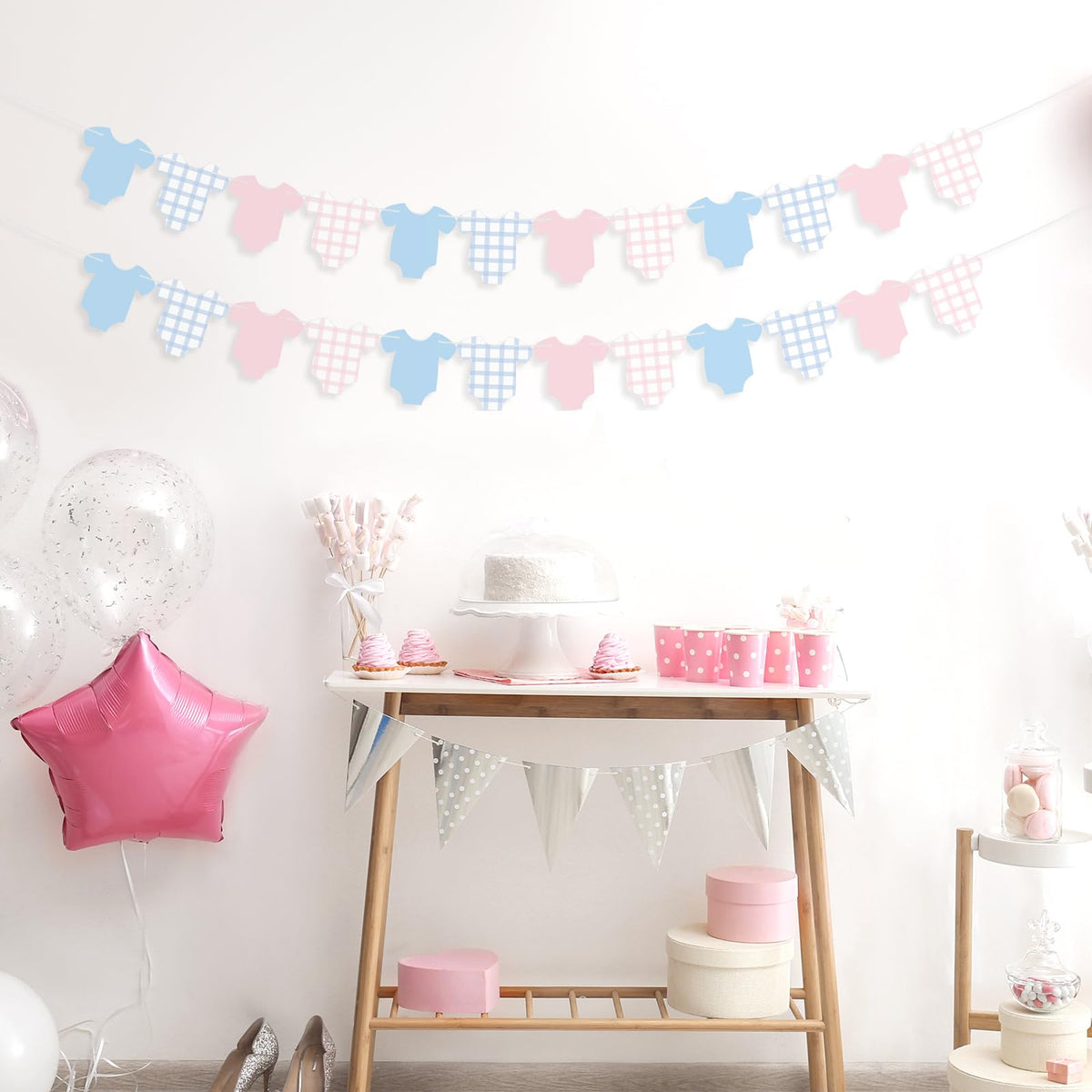 Weysat 2 Pcs Baby Clothes Banner Baby Boys Girls Shower Decorations Pink Blue Bodysuit Clothesline