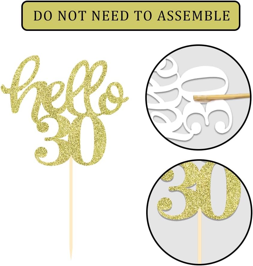 24 Pcs Gold Glitter 30th Birthday Cupcake Toppers for 30th Anniversary Birthday Party Wedding Party