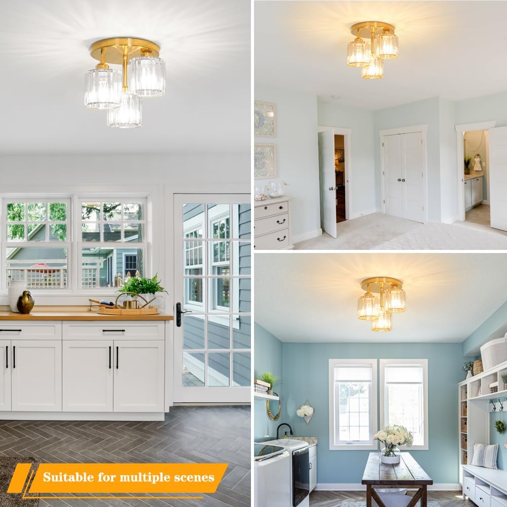 Modern Semi Flush Mount Ceiling Light, 3-Light Crystal Close to Ceiling Light Fixtures, Gold