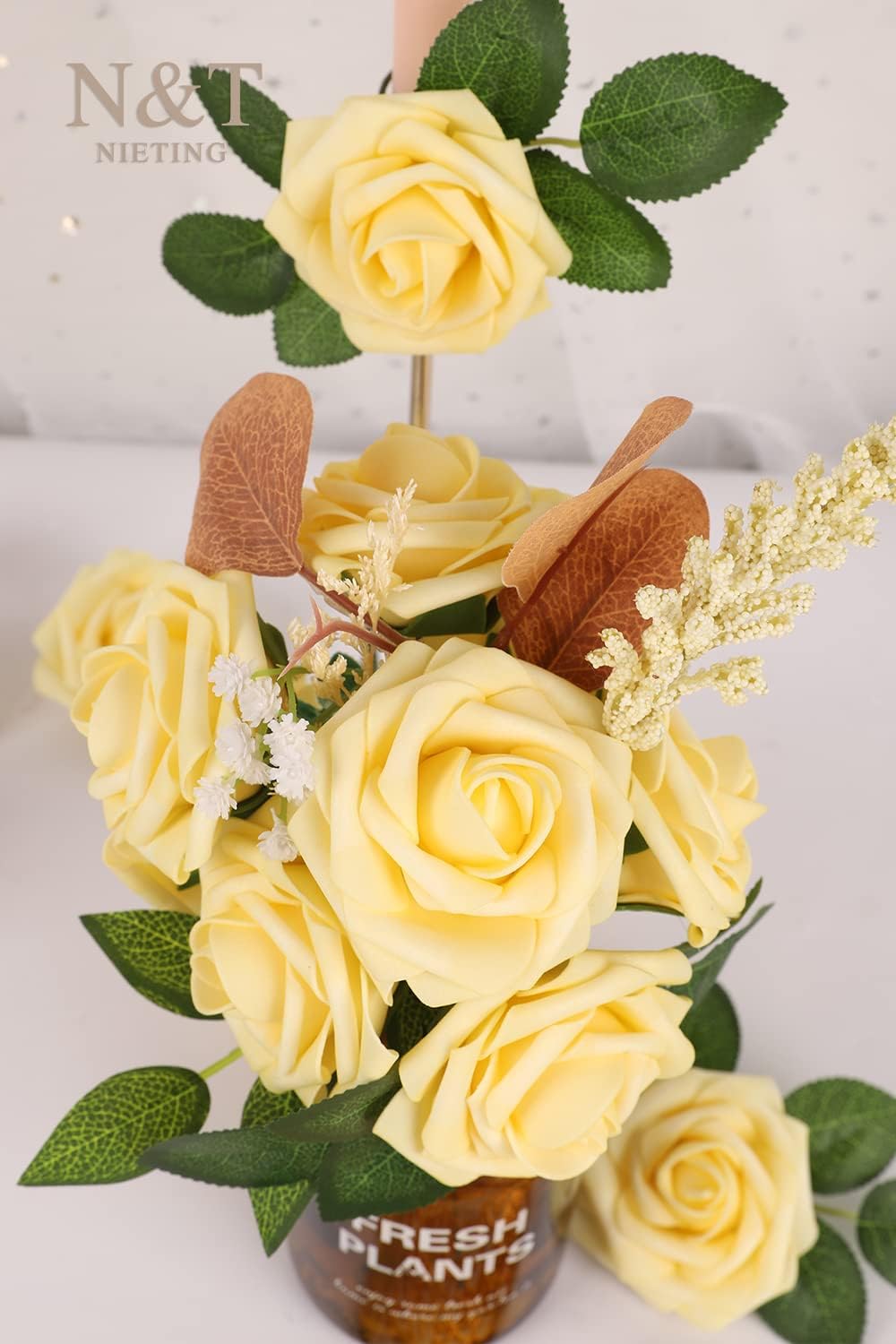 N&T NIETING Artificial Flowers, 25Pcs Fake Flowers Goose Yellow Roses Perfect for DIY Wedding