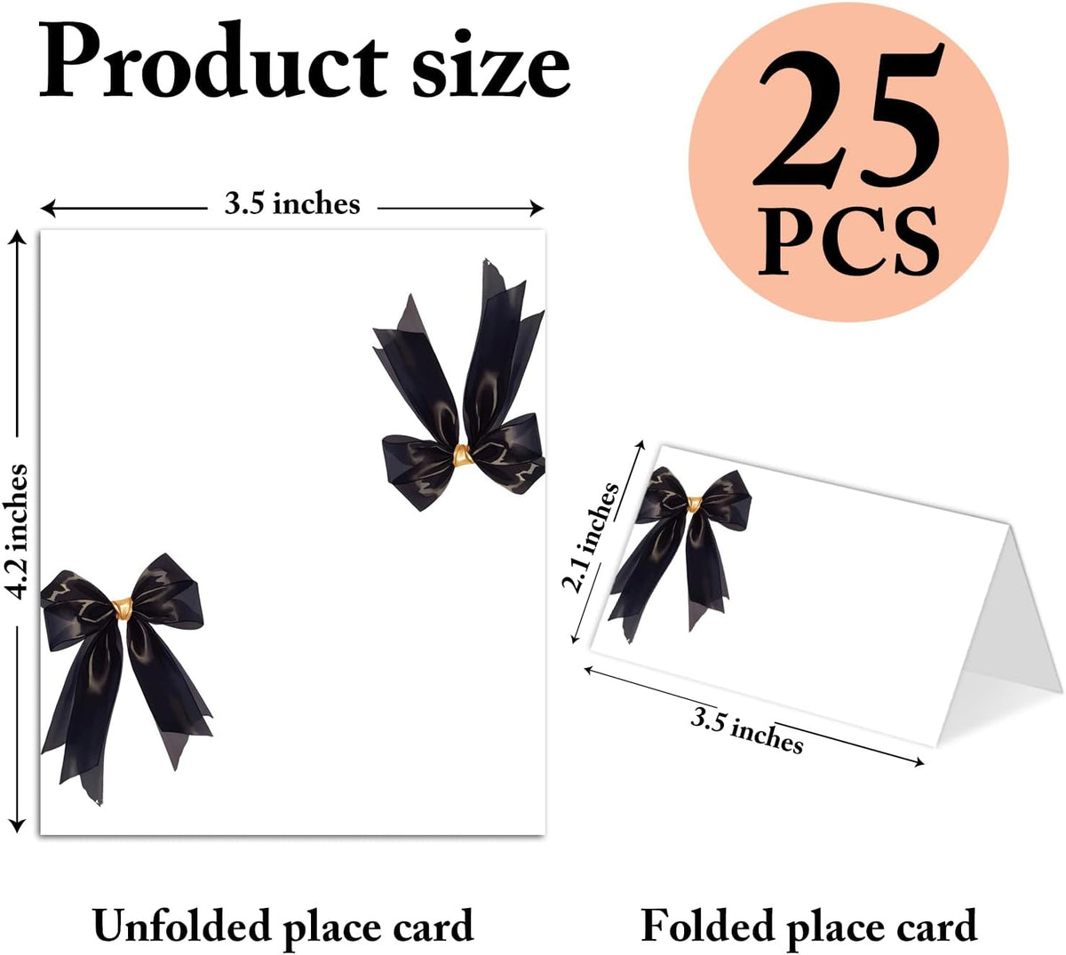 25 Pack Black Bow Place Cards, Editable Name Cards for Table Setting, Tent Cards Food Label for