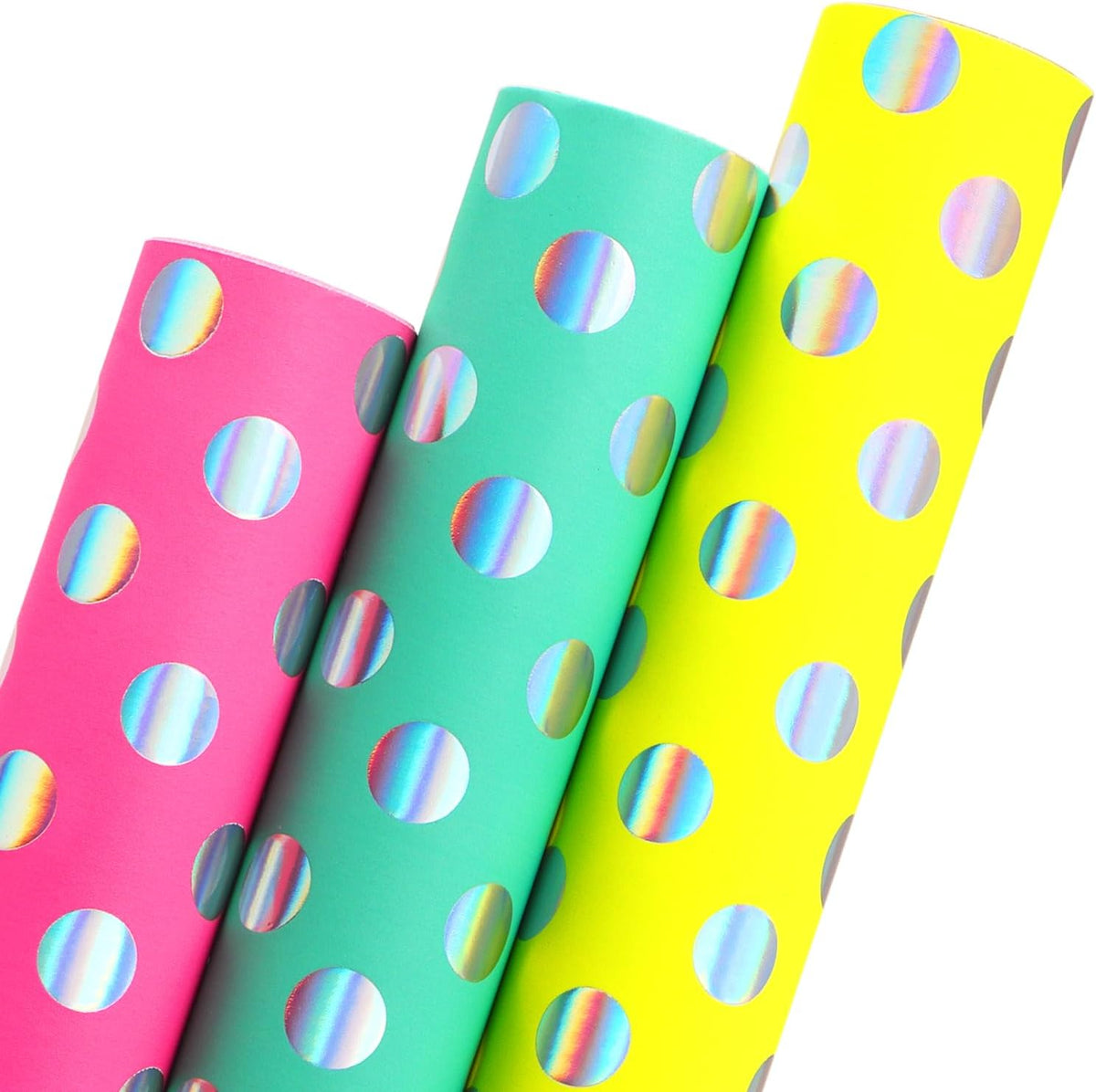 Ribbli Birthday Polka Dots Wrapping Paper Mini Roll, 3 Rolls Fluorescent Pink Aqua Yellow with