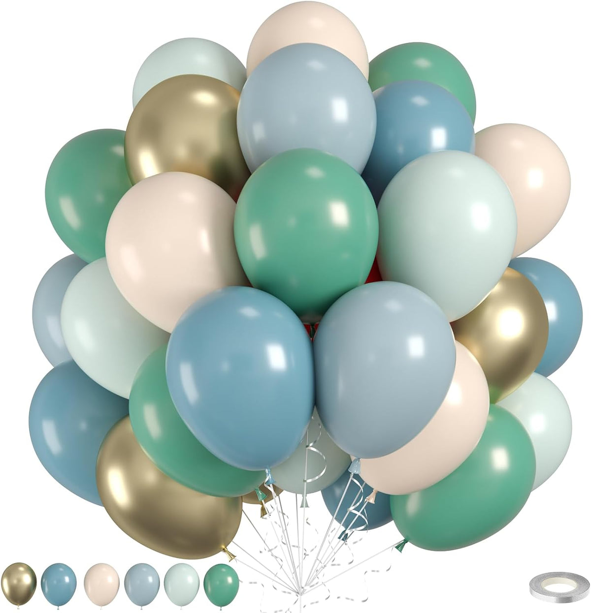 Sage Green Blue Balloons, 50pcs Dusty Green Blue Balloons, Double Stuffed Cream Balloon Champagne