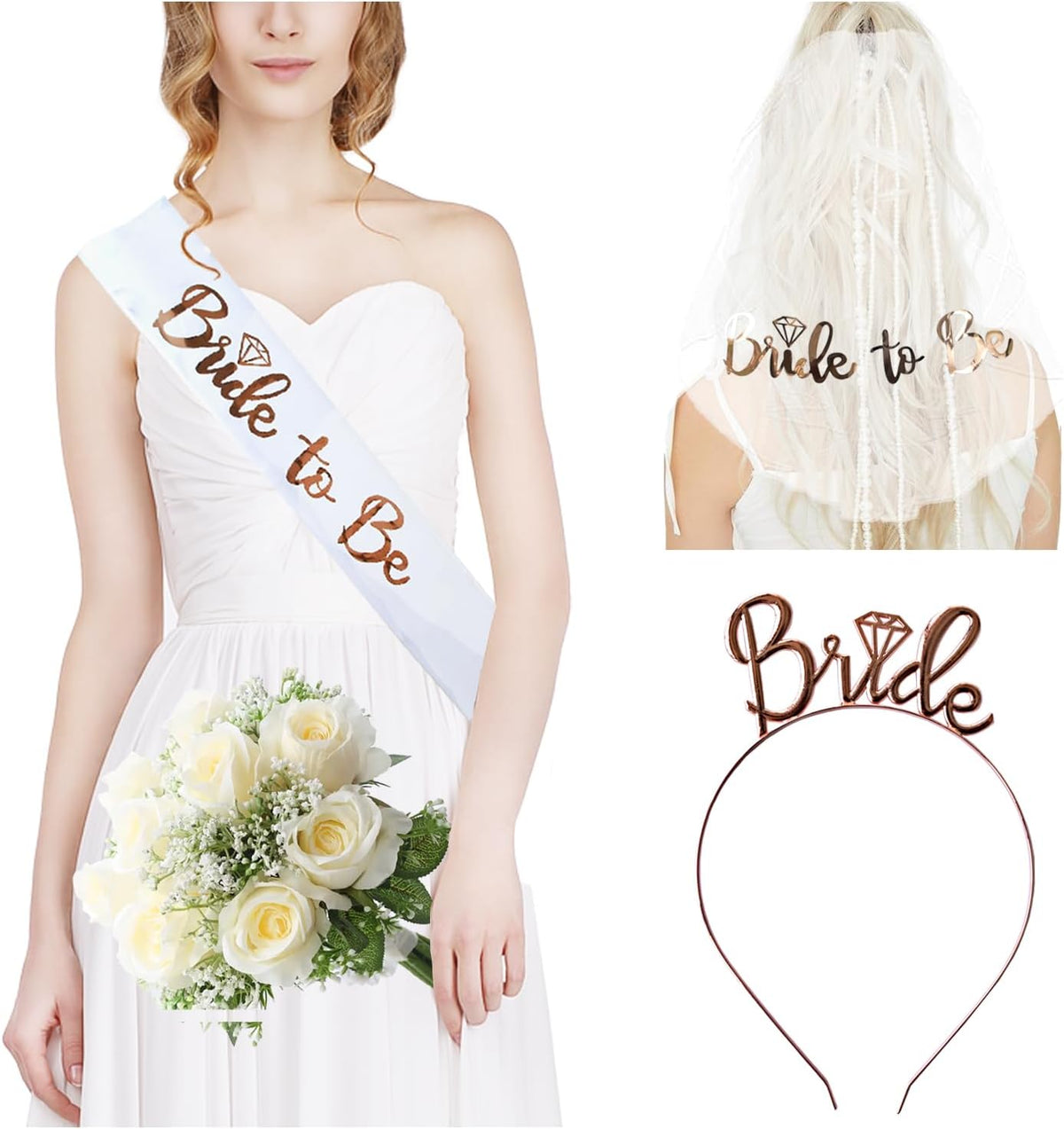 3 Pack Bride to Be Decorations Set, Bride to Be Sash,White Bride Veil, Bride Headband Tiara for