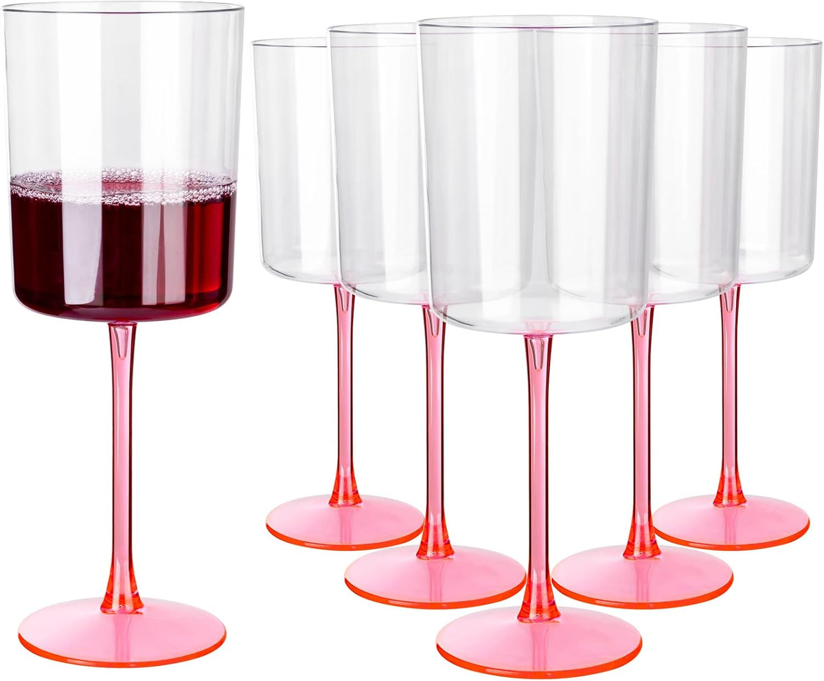 Ciaell 12 Pack 10 Oz Clear Plastic Wine Glasses with Pink Stem - Disposable Cocktail Goblets