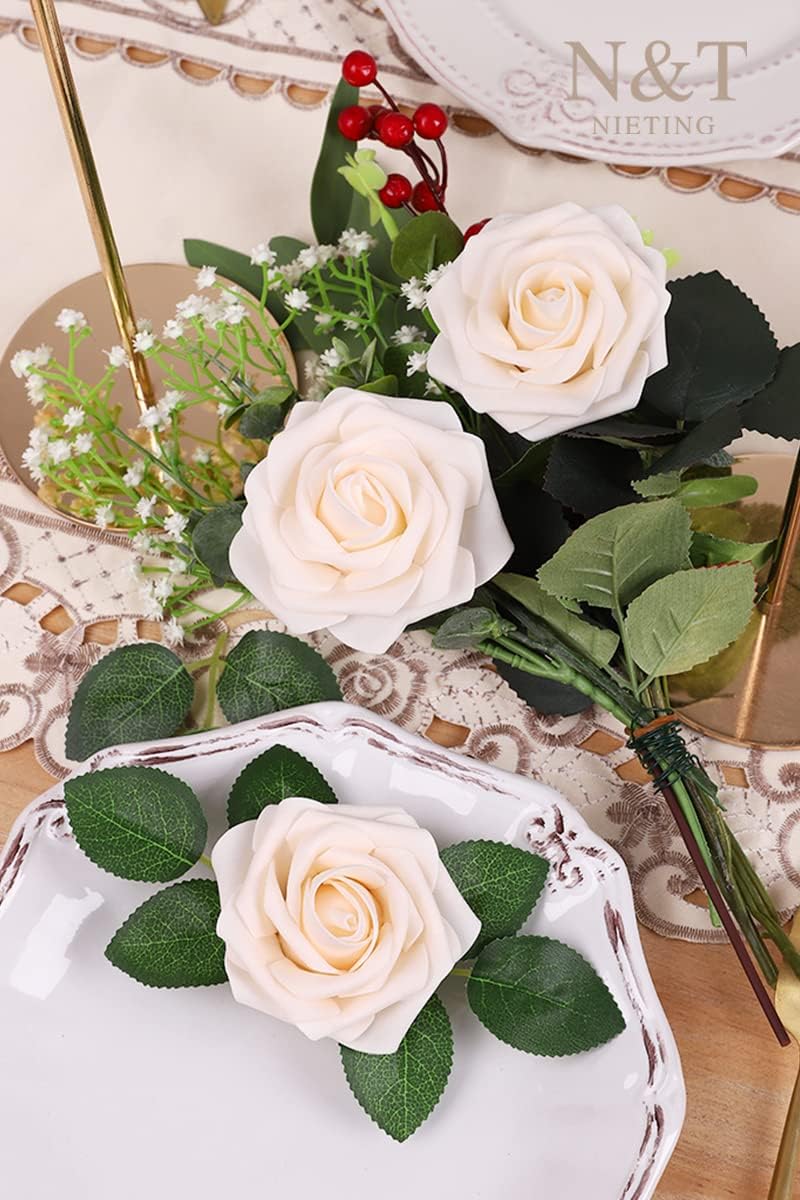 N&T NIETING Artificial Flowers, 25pcs Fake Flowers Bulk Perfect for DIY Fall Wedding Bridesmaid