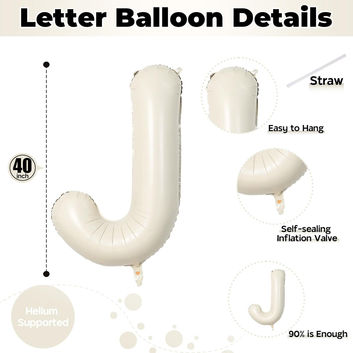40 Inch Cream Letter Balloon, Big Alphabet J Foil Word Beige, Large Inflatable Name White Decor