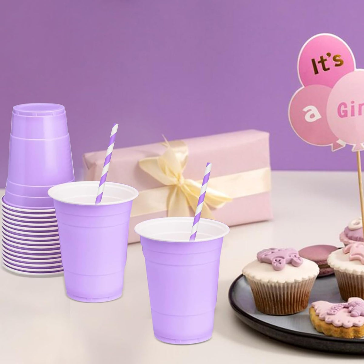 Disposable Purple Striped Party Paper Drinking Straws 100 Counts 7.75'' x 0.24'', Unwrapped, for