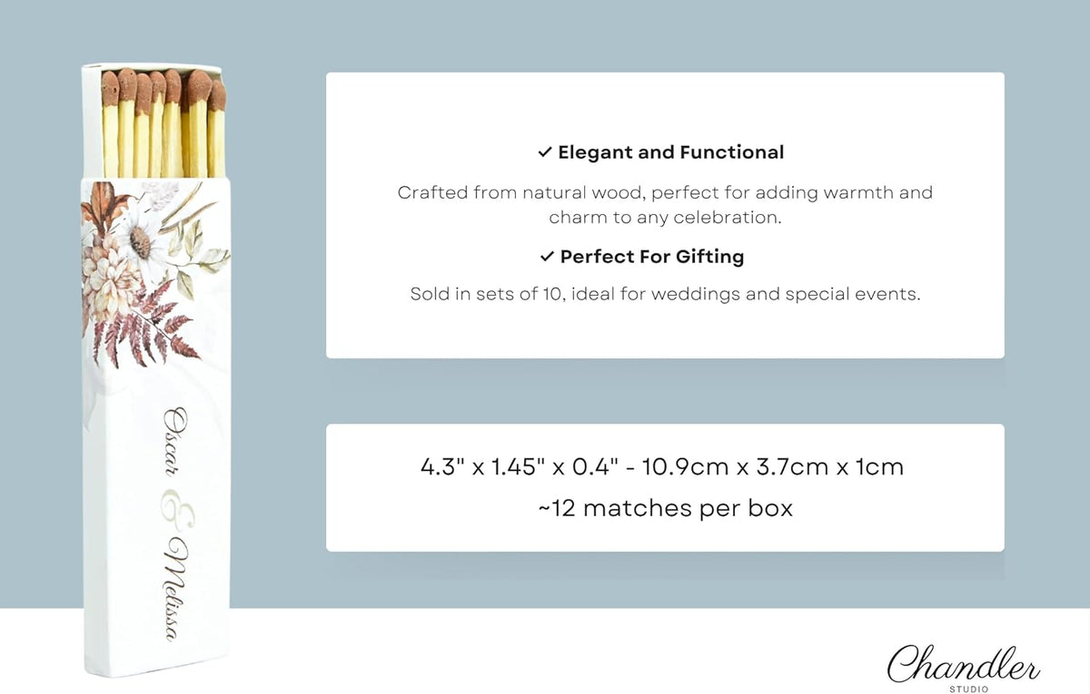10 Boxes - Customized Matchboxes Colorful Tips (Wedding Design #5, 4" Matchboxes) (4" Matchsticks