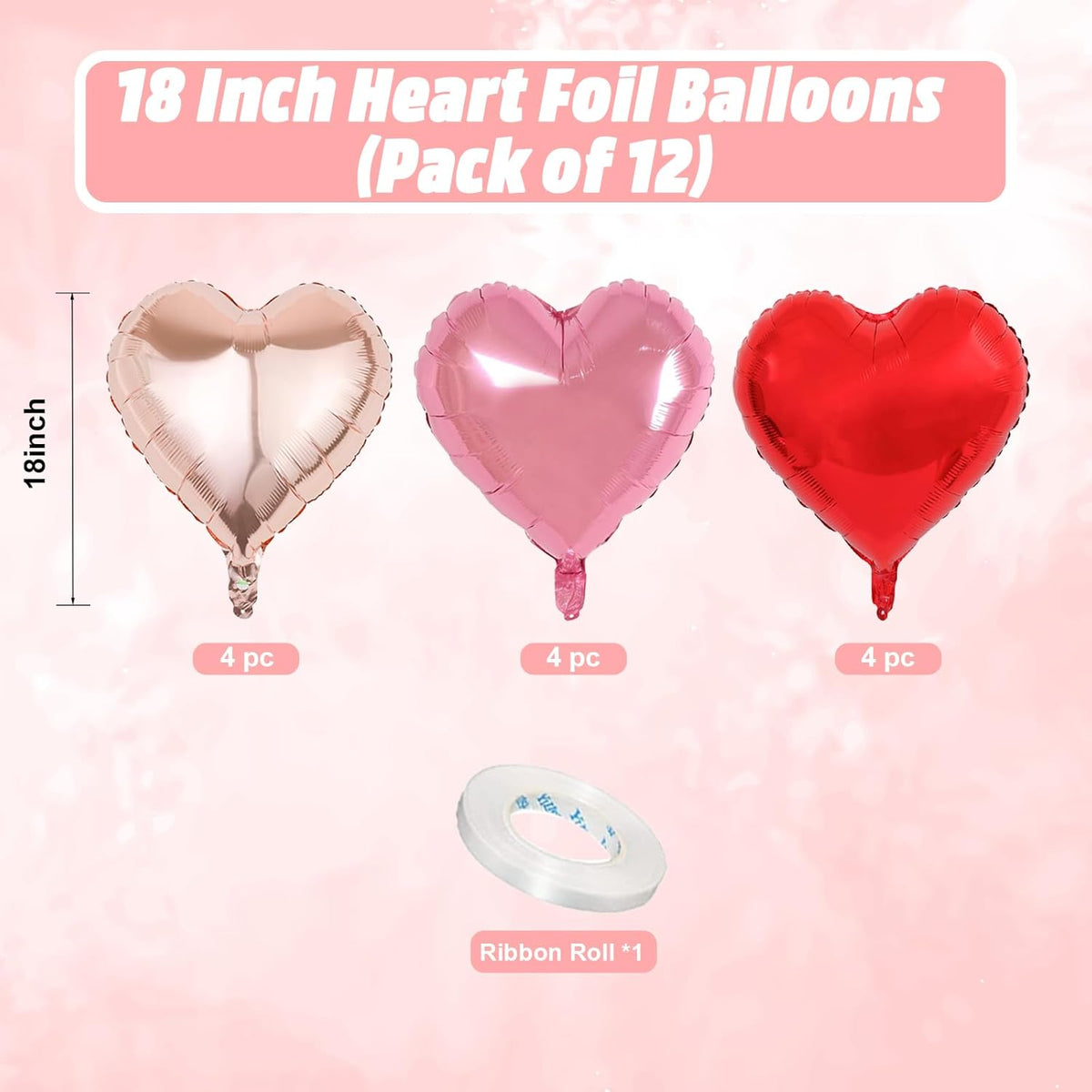 Rose Gold and Pink Heart Balloons, 18 Inch Red Pink Heart Shape Balloon, 12PCS Red Rose Gold Helium