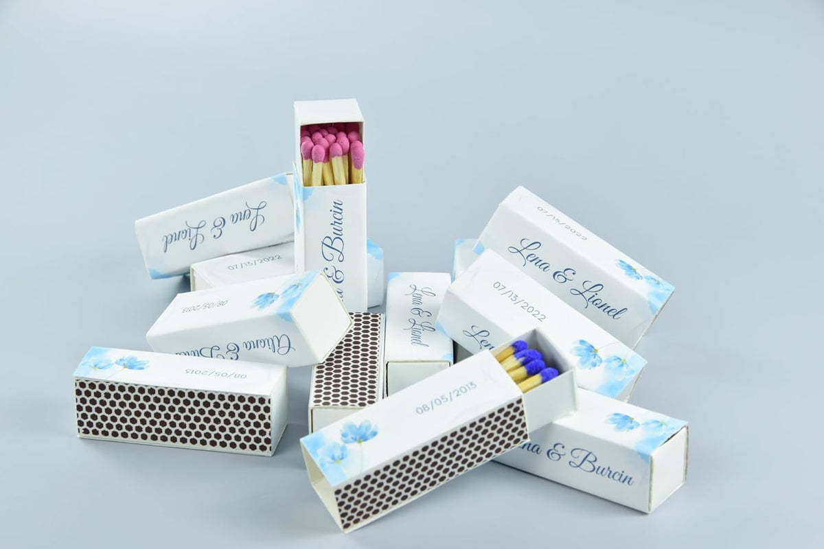Custom Matchboxes - Set of 10 - Personalized - 2" Inch Long - Colorful Matchsticks - Weddings