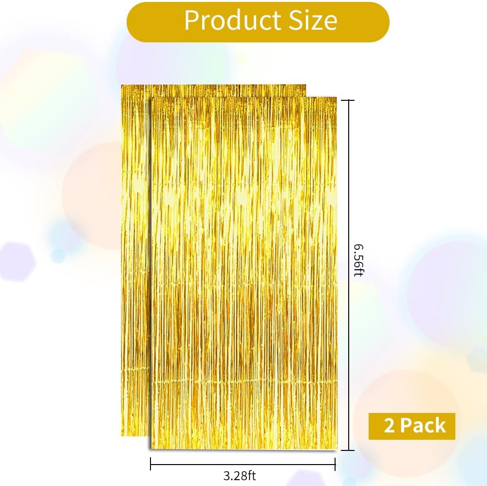BEISHIDA 2 Pcs Gold Door Streamers Tinsel Curtain Party Streamers Backdrop Fringe Foil Wall