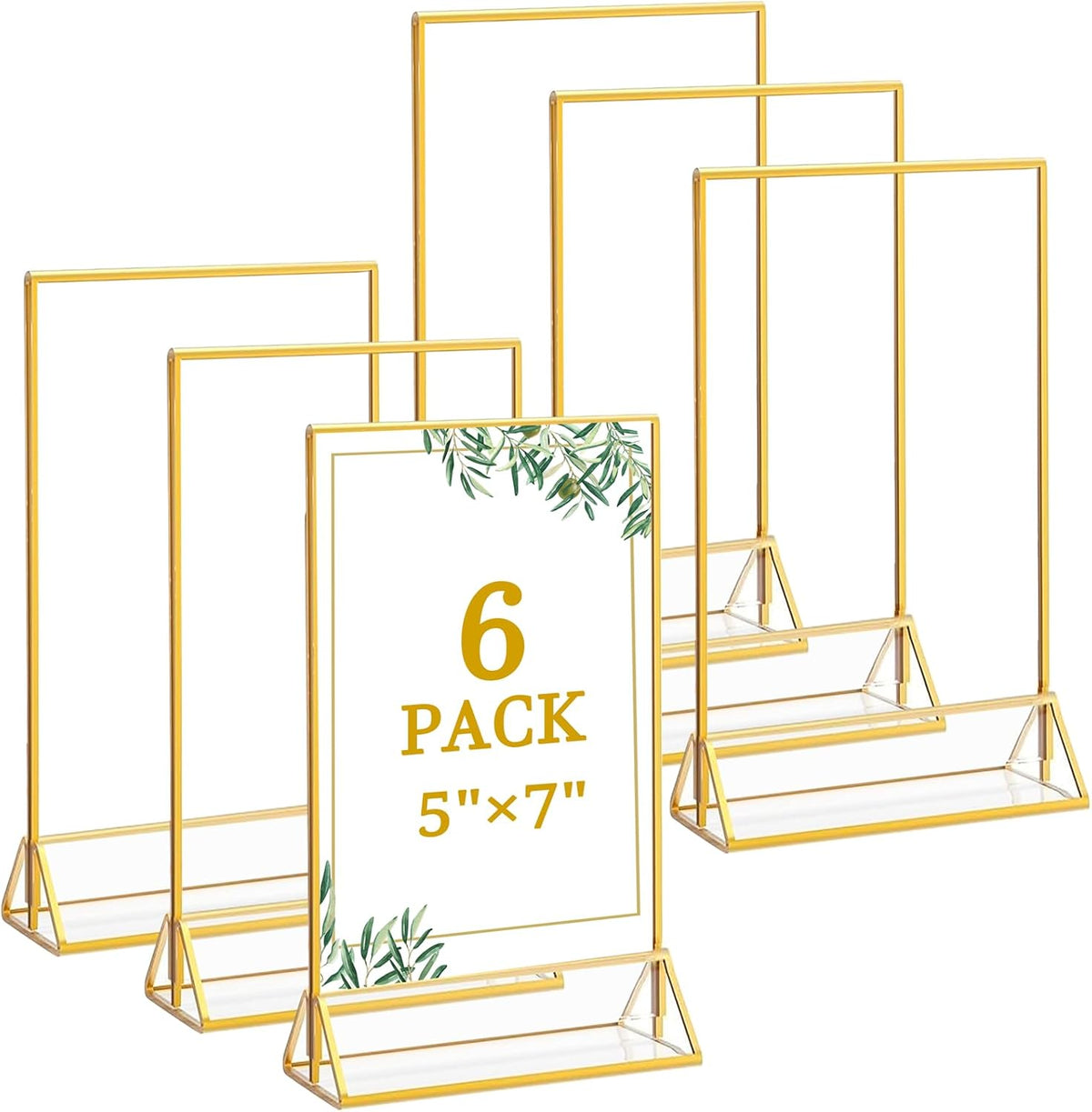 Floroom 6 Pack 5x7 Inch Clear Acrylic Sign Holders, Double-Sided Gold Display Stand Picture Frames