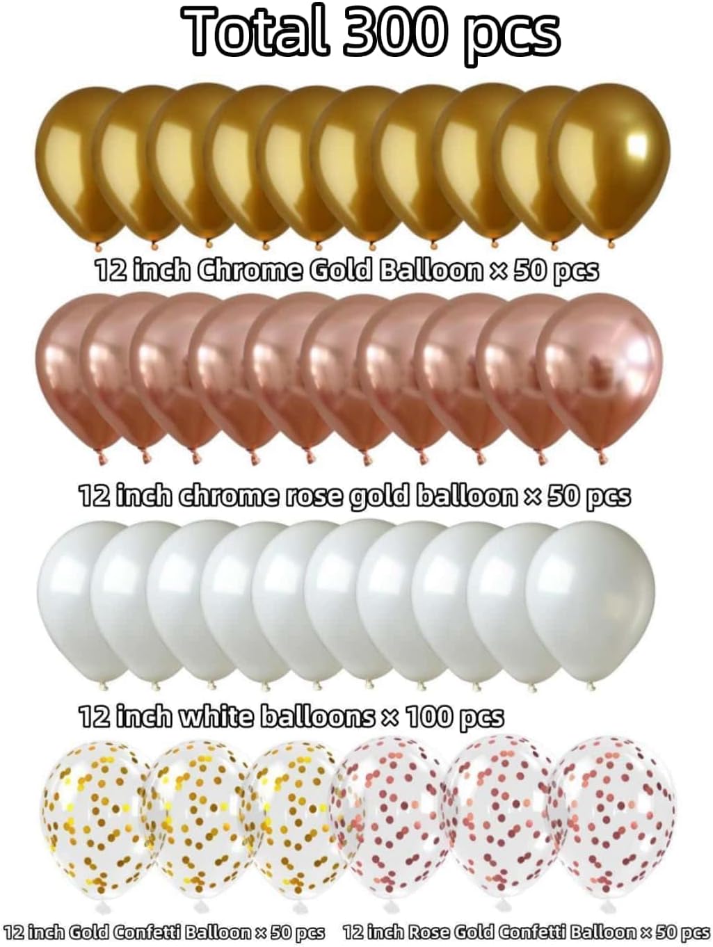 300 Pcs Rose Gold Confetti Balloons Set Lncludes 12 inch Gold White Rose Gold and Confetti
