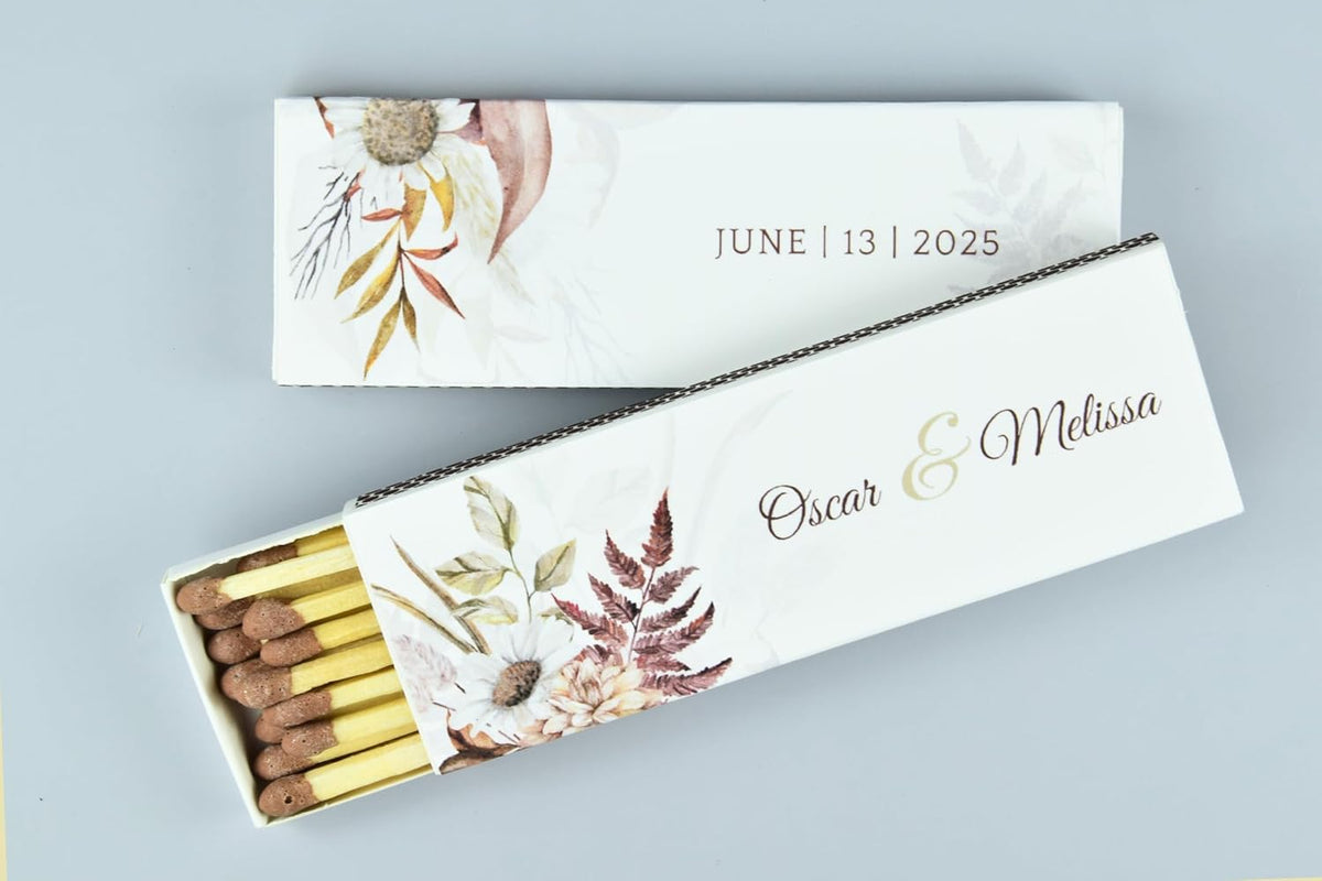 10 Boxes - Customized Matchboxes Colorful Tips (Wedding Design #5, 4" Matchboxes) (4" Matchsticks