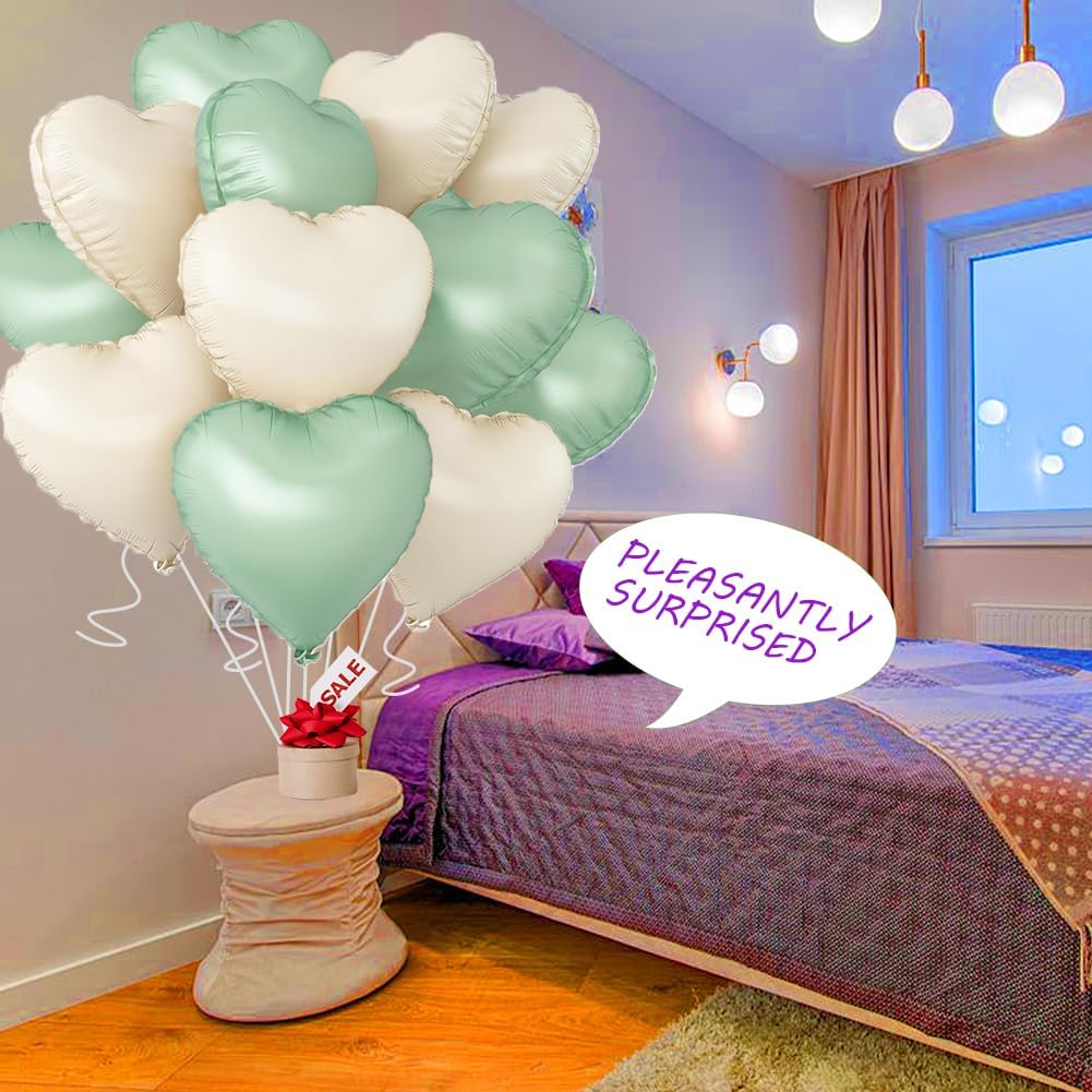 Baby White Heart Balloons，18 Inch Light Green Helium Foil Love Heart Shaped Balloons for