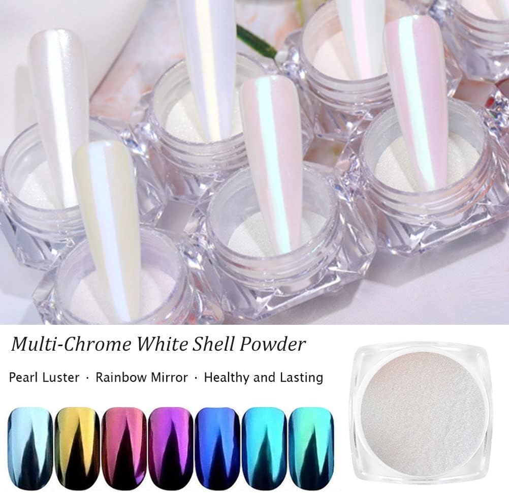 7 Colors Chrome Nail Powder Aurora Metallic Holographic Mirror Effect Dip Nail Powder Kit, White