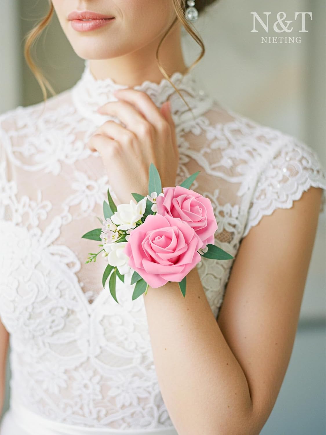 N&T NIETING Artificial Flowers Pink Roses, 25Pcs Fake Flowers Foam Roses with Stems for DIY Wedding