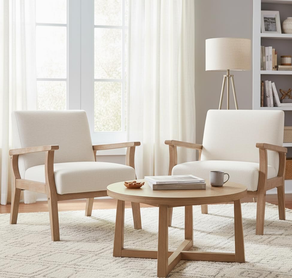 Mid Century Modern Accent Chair Set of 2, Linen Upholstered Living Room Accent Armchair with Wood