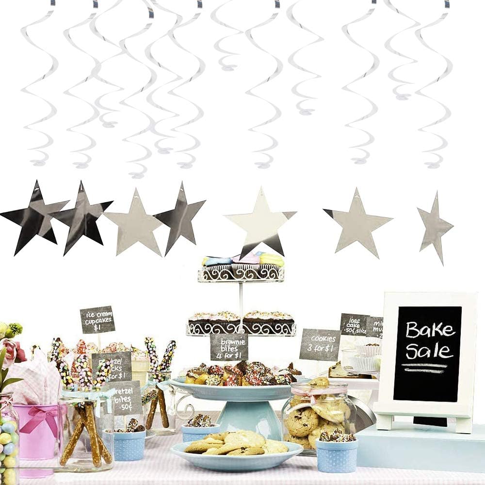 BEISHIDA Silver Star Hanging Swirl Decorations,Hanging Silver Party Supplies for Graduation Wedding