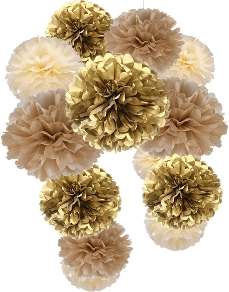 Gold Champagne Gold and Ivory White Paper Flower Tissue Pom Poms for Baby Shower Bridal Engagement