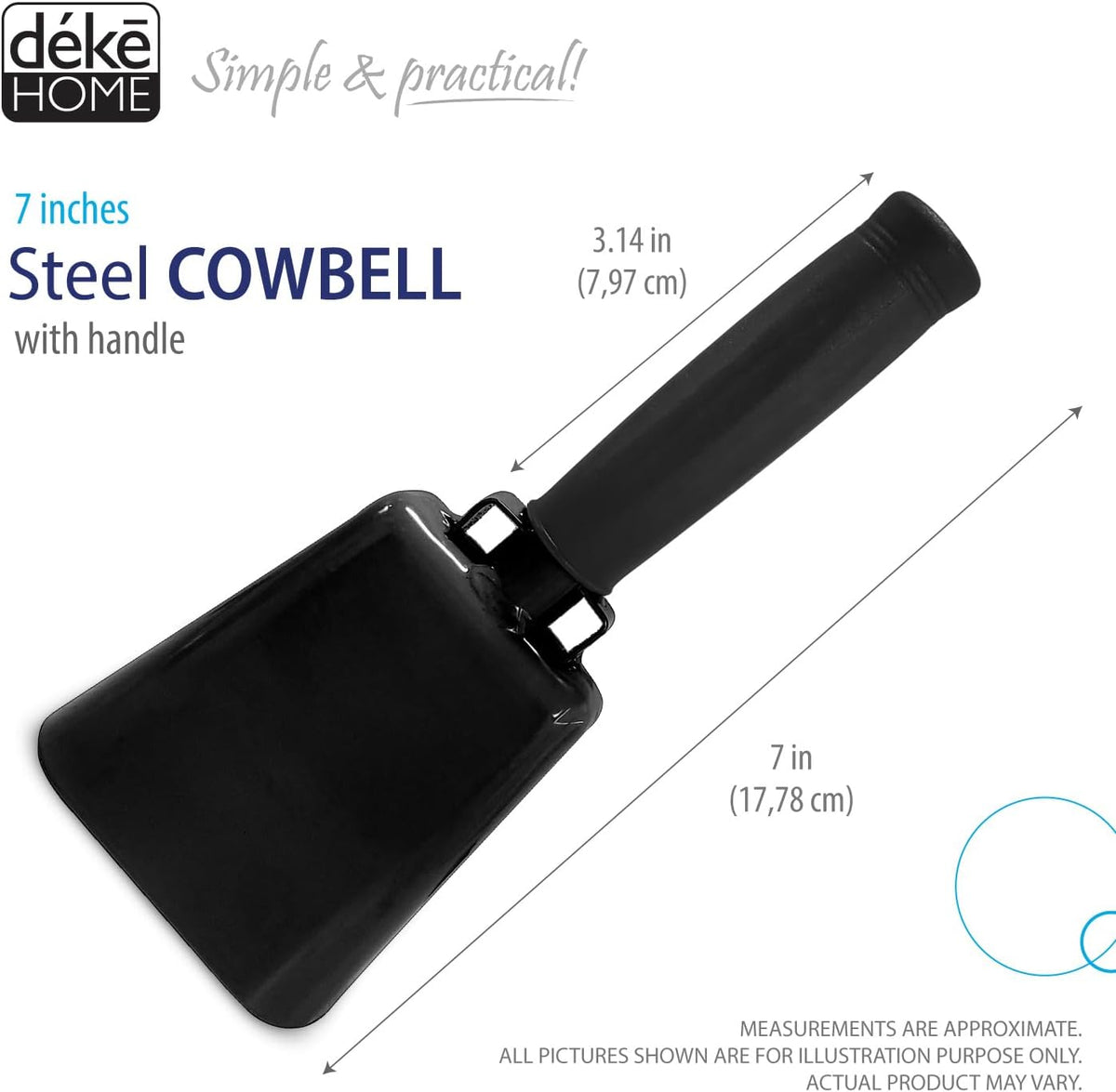 Deke Home - 2 Pack 7 Inch Steel Cowbells with Handle, Loud Noise Makers for Football, Sports