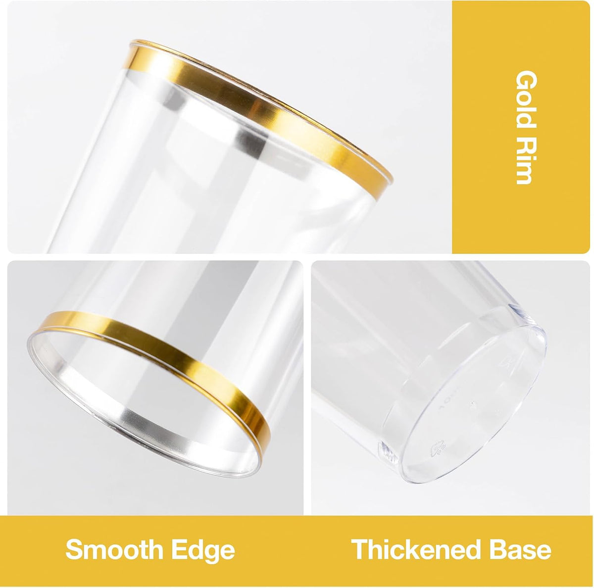 Goodluck 50PCS 12oz Gold Plastic Cups for Party, Disposable Gold Rim Cups, Plastic Cocktail Glasses