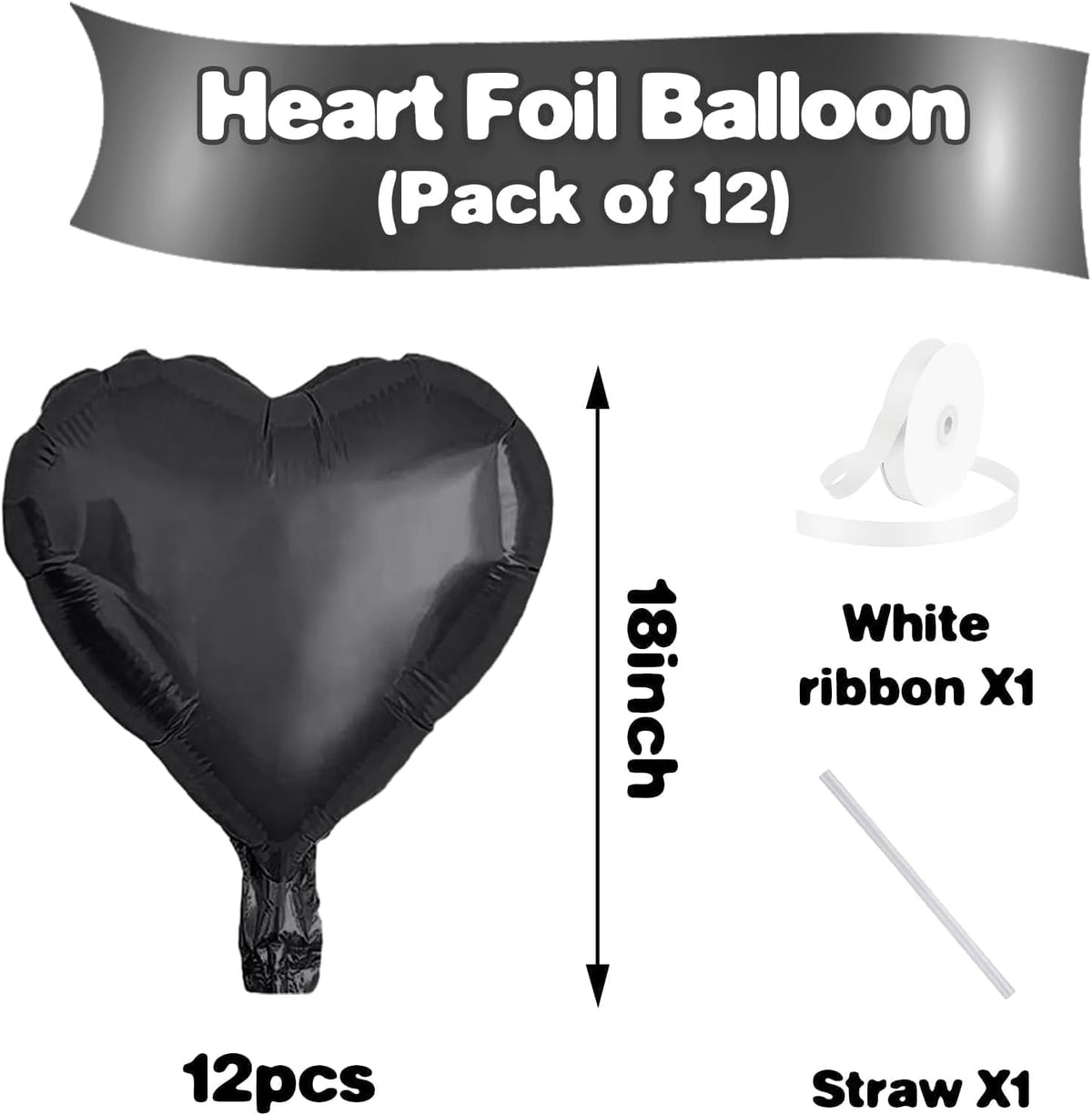 Black Heart Balloons,12Pcs 18 Inch Black Foil Love Heart Shaped Balloons for Valentines Day