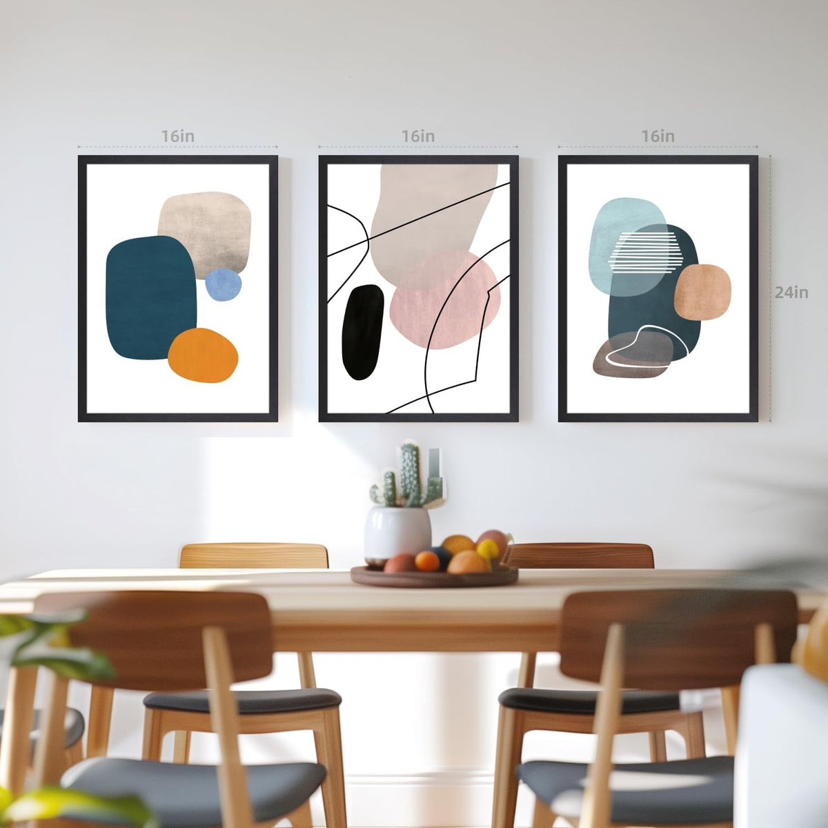IAFWZX Wood Framed Abstract Geometric Wall Art, Orange Blue Beige Color Block Wall Decor, Modern