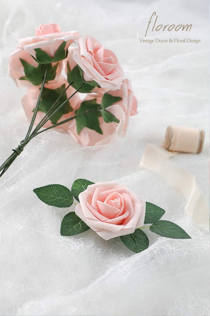 Floroom Artificial Flowers 50pcs Real Looking Blush Heirloom Foam Fake Roses with Stems for DIY