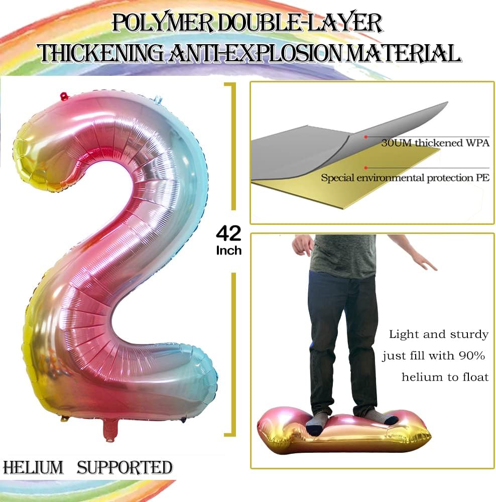 GOER Rainbow Foil Balloons Number 2,Huge Number Balloons for 2nd Birthday Party Supplies