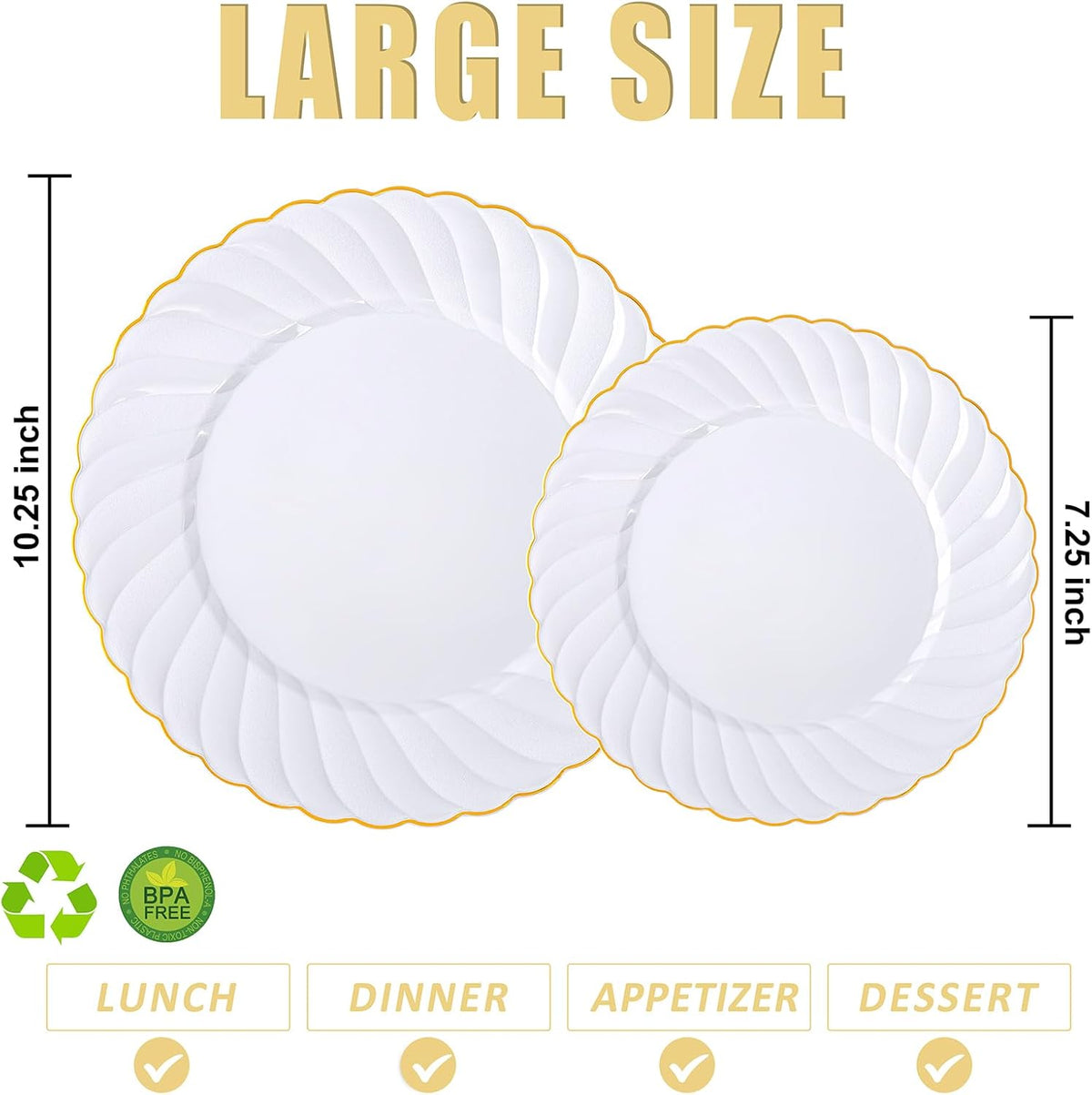 U-QE 60 Pcs White Plastic Plates with Gold Trim – Scalloped Plastic Plates Heavy Duty - Include 30