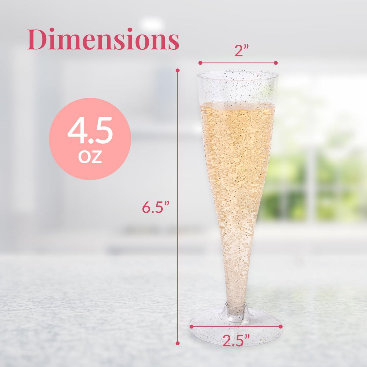 Prestee 24 Champagne Flutes Plastic - Disposable Flute - Silver Glitter Plastic Glasses for Parties