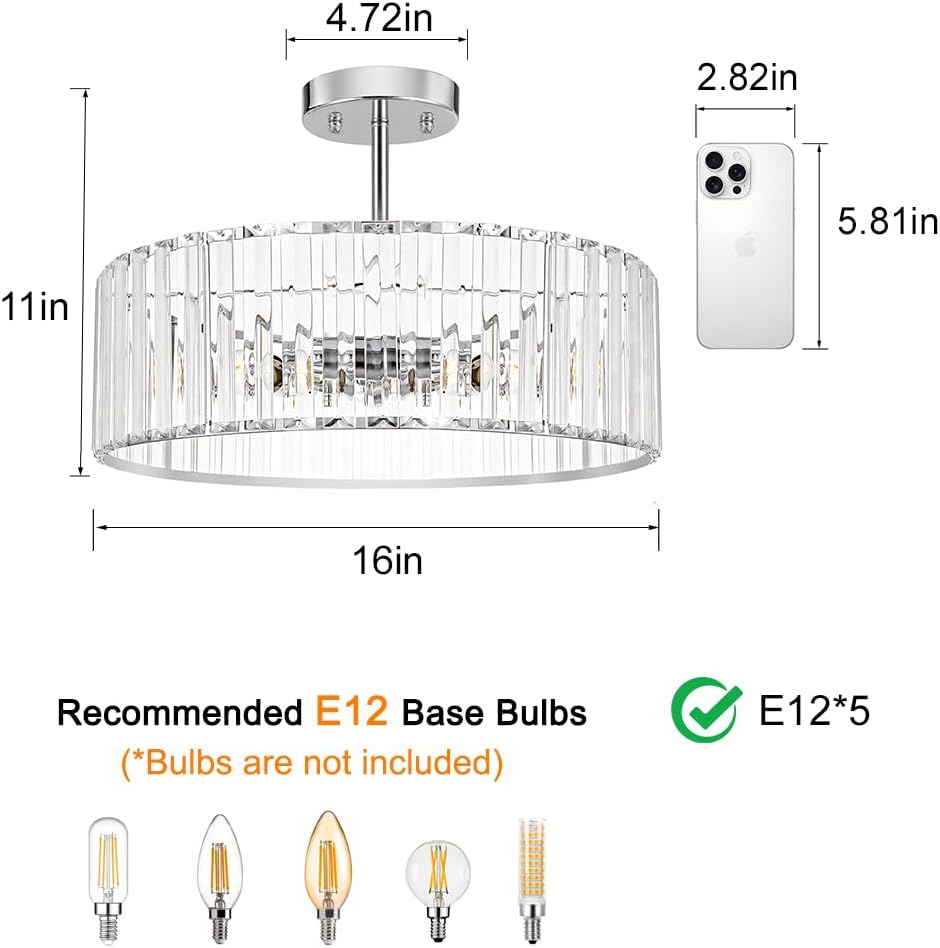 Modern Crystal Ceiling Light Fixture, Semi Flush Mount Ceiling Light, Chrome Hallway Lighting