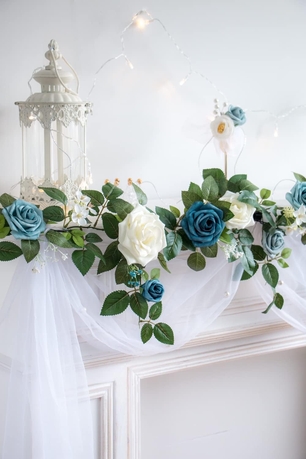PONATIA 5FT Handcrafted Artificial Rose Flower Garland, Dusty Blue Flowers Greenery Garland for