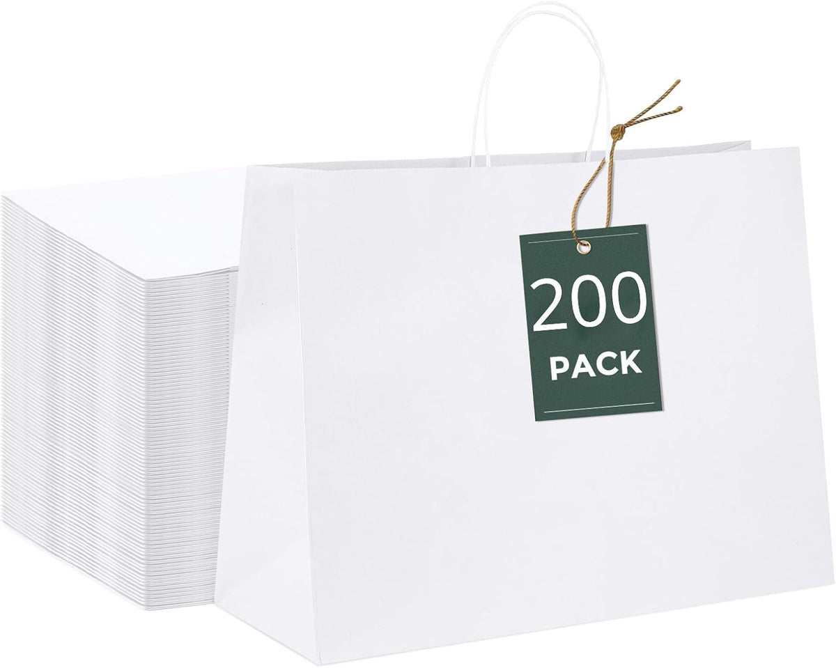 GSSUSA 16x6x12 Inches Large Paper Bags with Handles, 200Pc White Paper Gift Bag, Recyclable