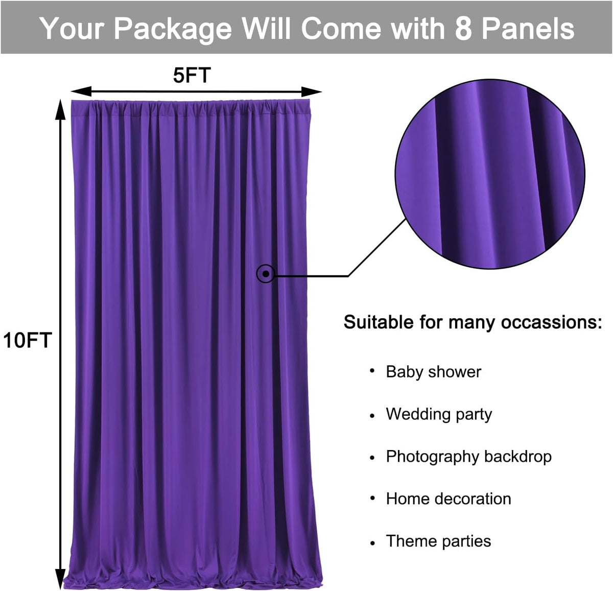 40 ft x 10 ft Wrinkle Free Purple Backdrop Curtain for Parties, 5ft x 10ft 8 Panels Polyester