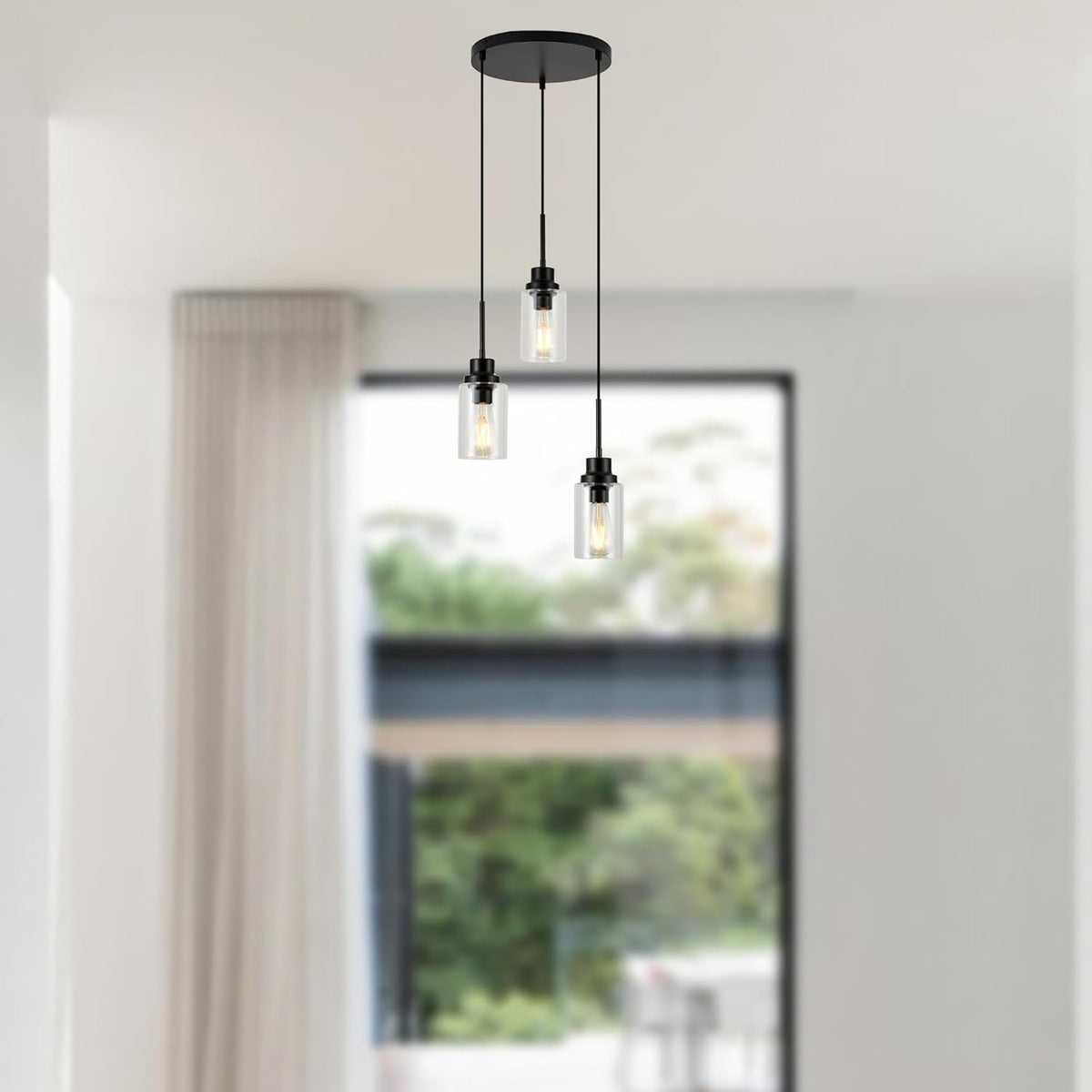3-Lights Modern Pendant Light Fixtures Black Adjustable Height Ceiling Lights Chandelier with Clear