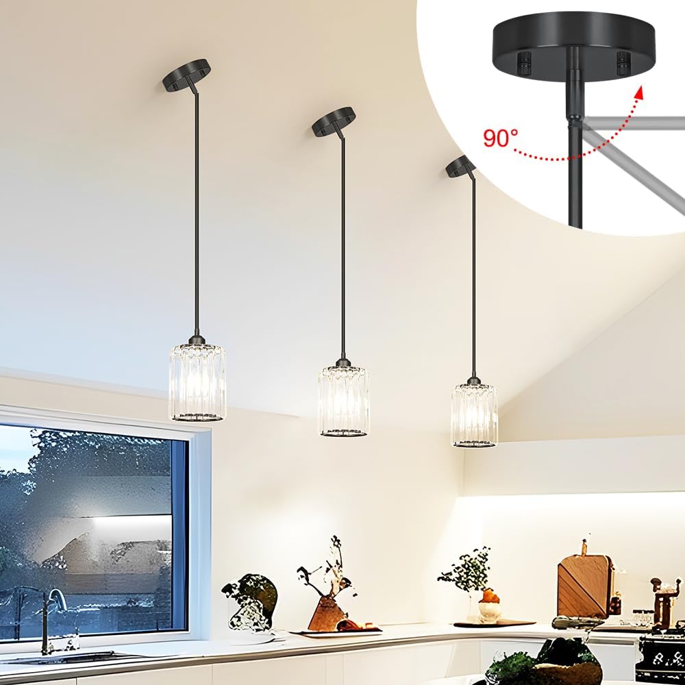 Black Kitchen Pendant Lights Over Island with Adjustable Rods - Crystal Pendant Lighting Fixtures