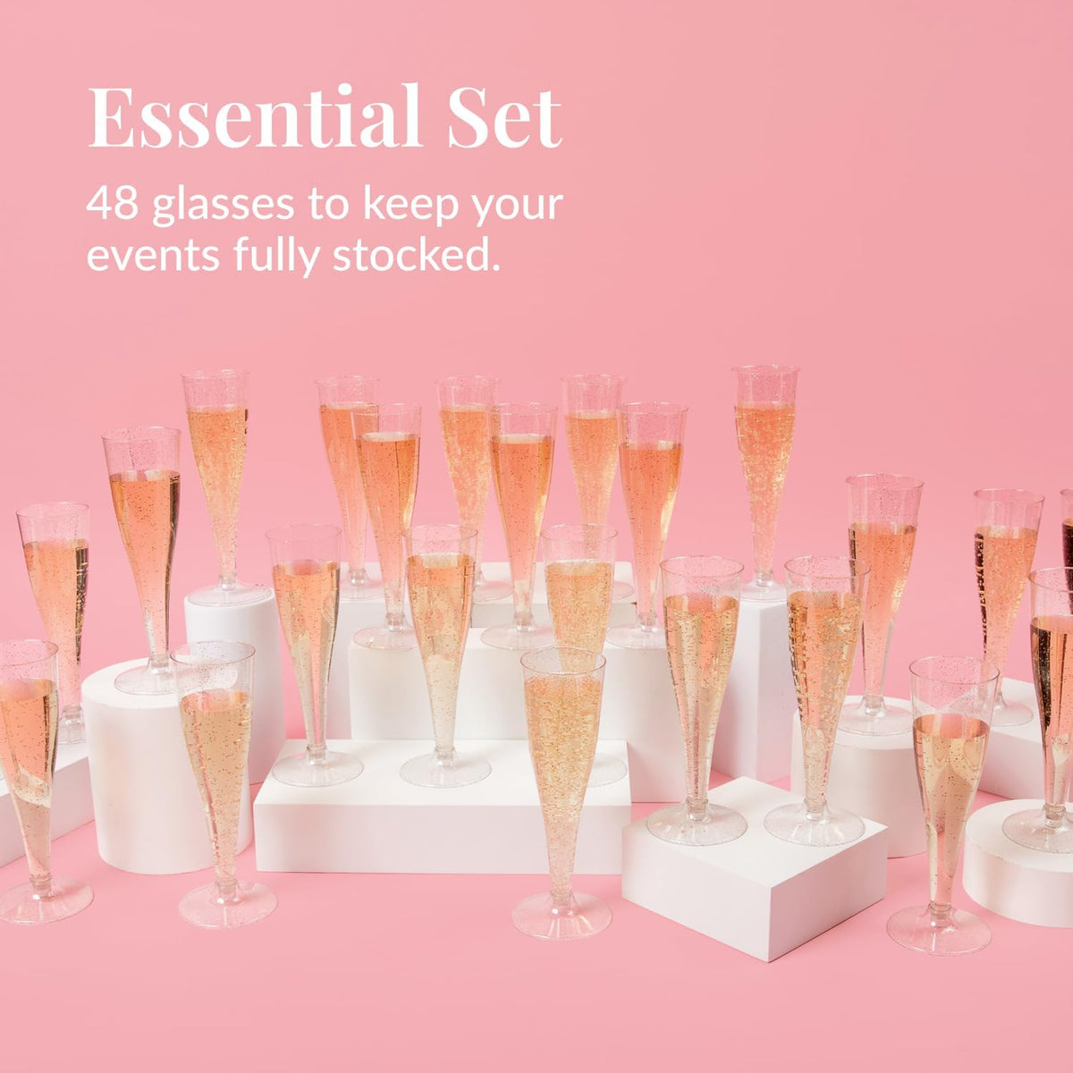 Prestee 48 Pack Champagne Flutes Plastic Disposable - Gold Glitter Flute Glasses for Champagne